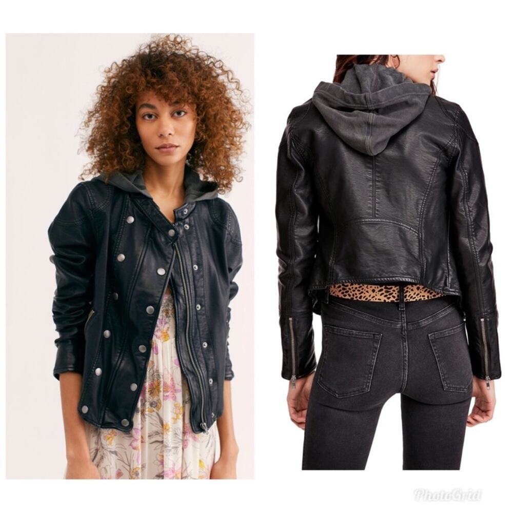 We The Free Dawn Black Vegan Leather Moto Jacket Double Breasted with Hood XS